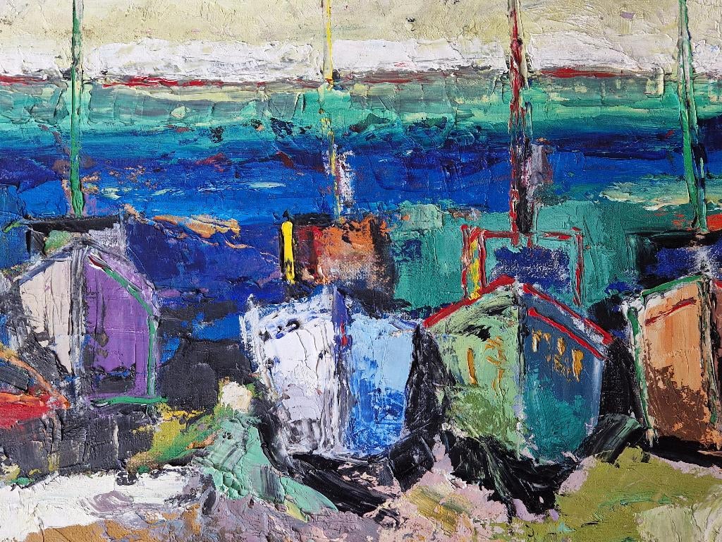 jaren 50 olieverf op board "mediterrane haven" gesigneerd, Antiek en Kunst, Kunst | Schilderijen | Klassiek, Ophalen of Verzenden