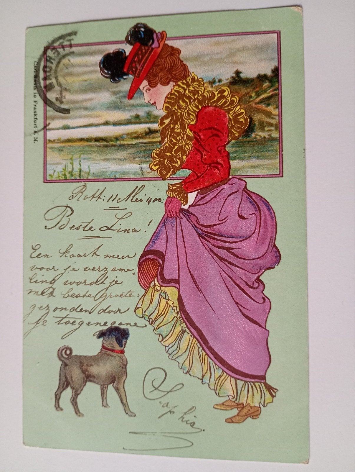 Fantasiekaart Jugendstilkaart met Hond 1900, Verzamelen, Ophalen of Verzenden, Voor 1920, Gelopen, Hond of Kat