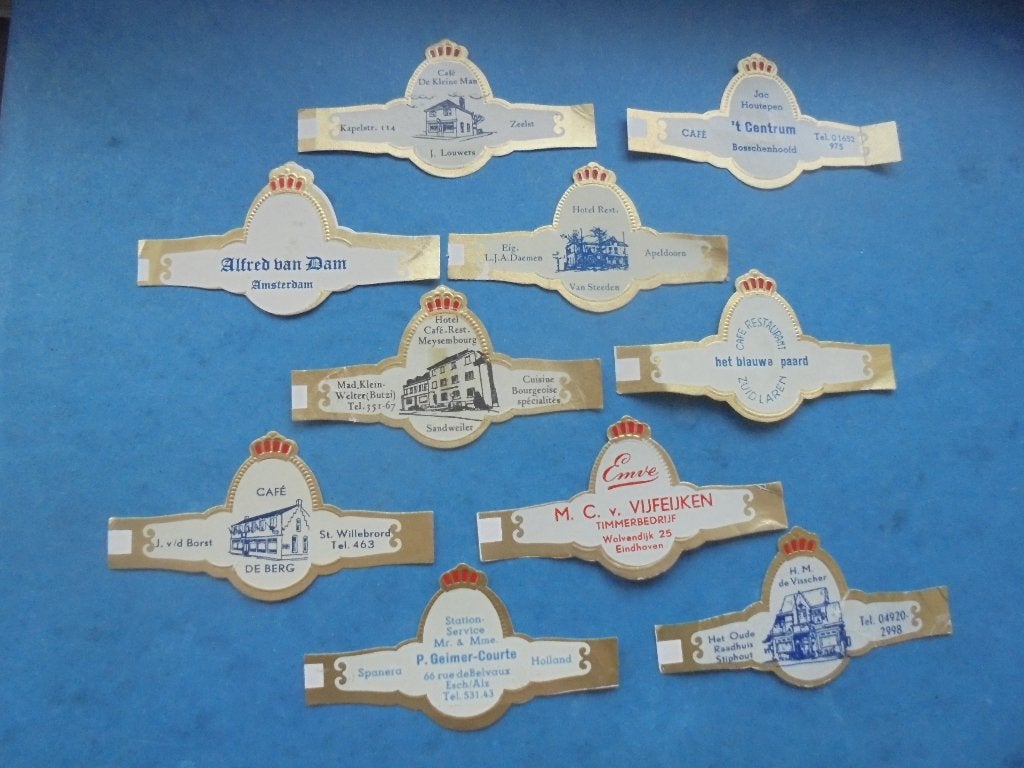 10 Sigarenbanden Abonné met bedrijven / reclame (2), Verzamelen, Ophalen of Verzenden, Zo goed als nieuw, Sigarenbandjes