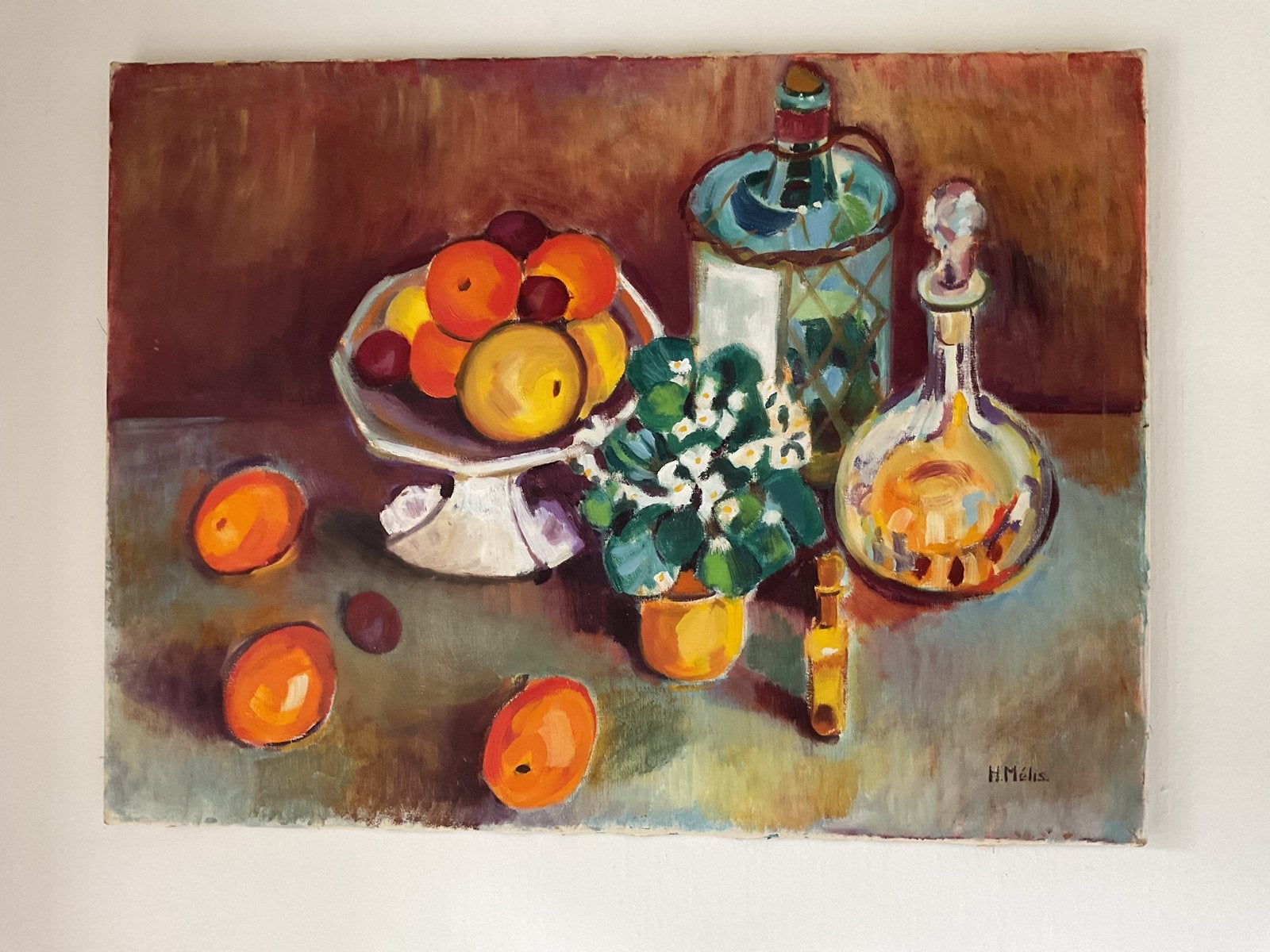 Stilleven met fruit, fles en plant - Gesigneerd H. Melis, Antiek en Kunst, Doek, Stilleven, Ophalen of Verzenden, Gesigneerd