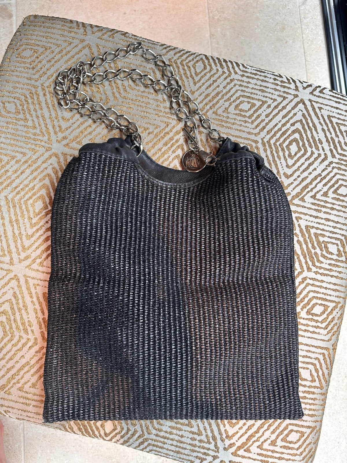 Lanvin Paris Vintage Leren & Raffia Schoudertas - Zilveren K, Ophalen of Verzenden, Gebruikt, Zwart, Schoudertasje