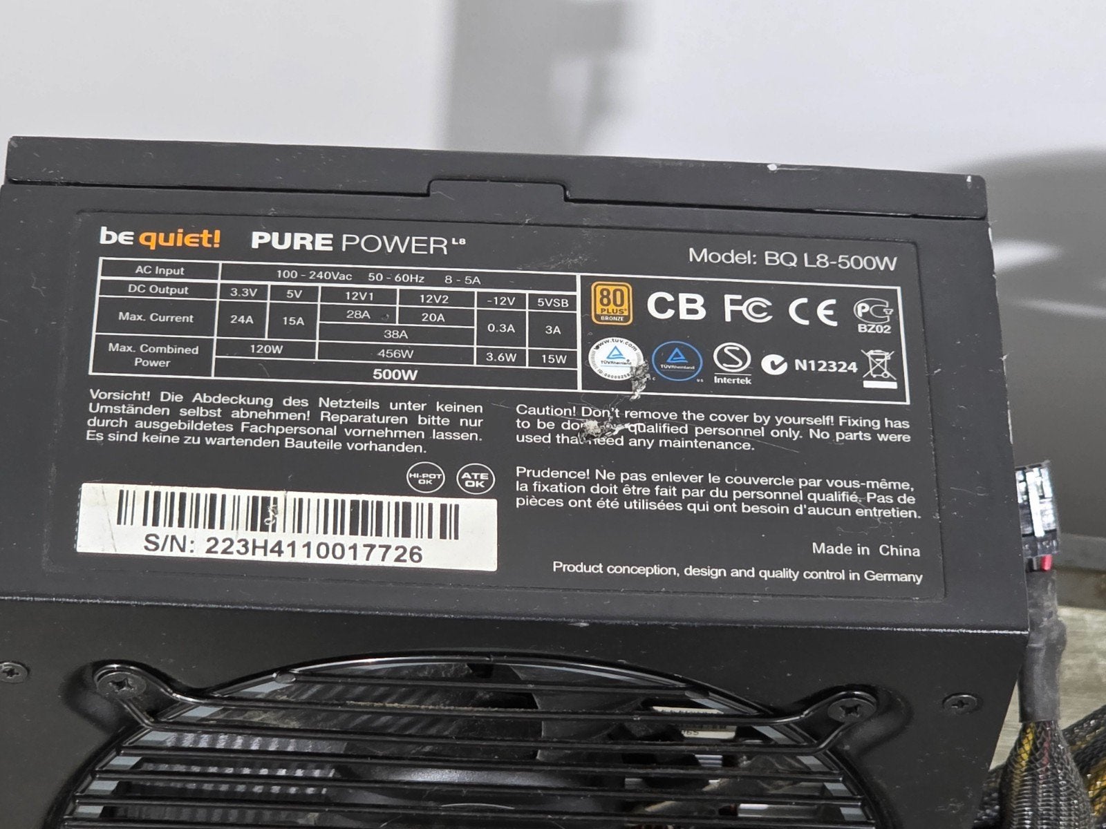 Be quiet 500w max voeding psu power supply bq L8-500w, Gebruikt, ., Ophalen of Verzenden, .
