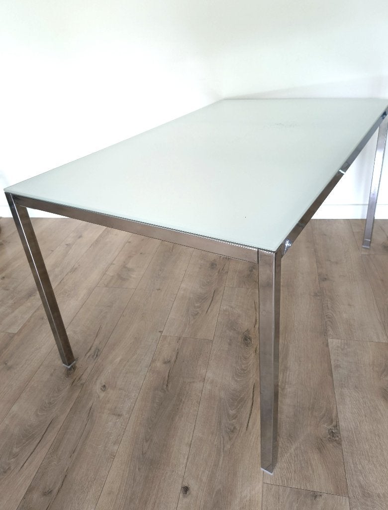 Eettafel 135 x 85 witglazen blad DE LAATSTE PAAR DAGEN, Ophalen, 100 tot 150 cm, 50 tot 100 cm, Zo goed als nieuw