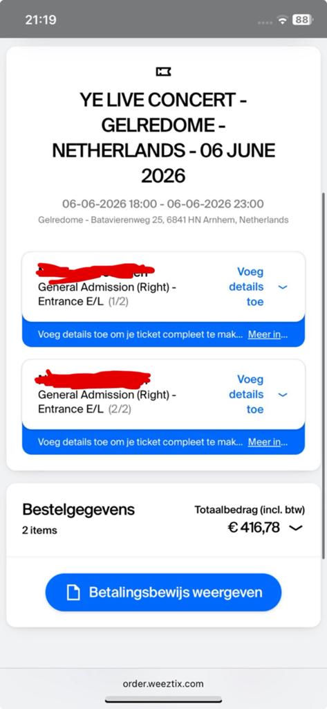Kanye west / Ye tickets general admission (right) 6 juni, Tickets en Kaartjes, Twee personen, Juni
