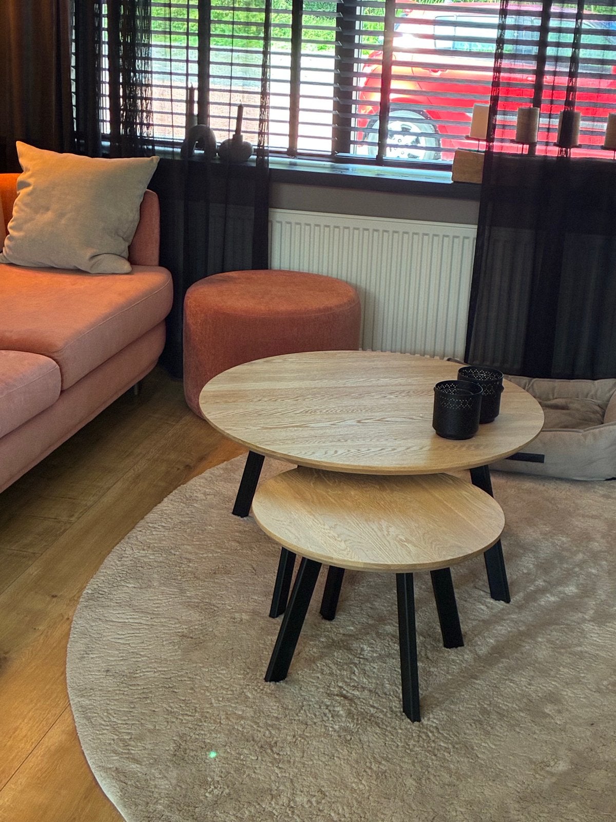 Set van 2 ronde salontafels - Eikenhout en metaal, Huis en Inrichting, Tafels | Salontafels, Ophalen, 50 tot 100 cm, Zo goed als nieuw
