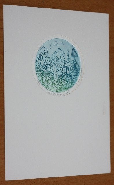 Etsje Truusje Mul  Een Beer op een fiets  2944, Ophalen of Verzenden, Flora en Fauna, Ets, 5 cm