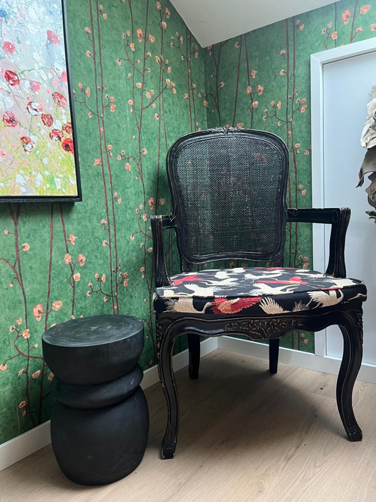 Brocante stoel zwart webbing, Huis en Inrichting, Stoelen, Ophalen, Gebruikt, Zwart, Stof
