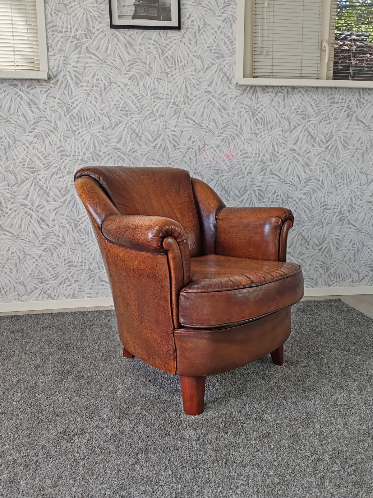 Vintage schapen leren Fauteuil - Clubfauteuil *, Huis en Inrichting, Gebruikt, Hout, Ophalen of Verzenden, Nvt