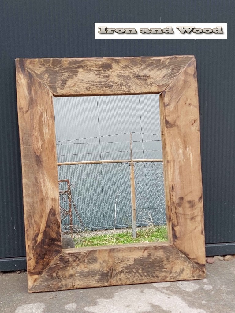 Oud eiken spiegel met robuuste wagonplanken lijst 61 x 49, Ophalen, Minder dan 50 cm, Zo goed als nieuw, Minder dan 100 cm