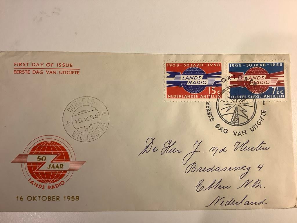 FDC Curaçao Lands Radio 50 Jaar 1958, Postzegels en Munten, Postzegels | Eerstedagenveloppen, Ophalen of Verzenden