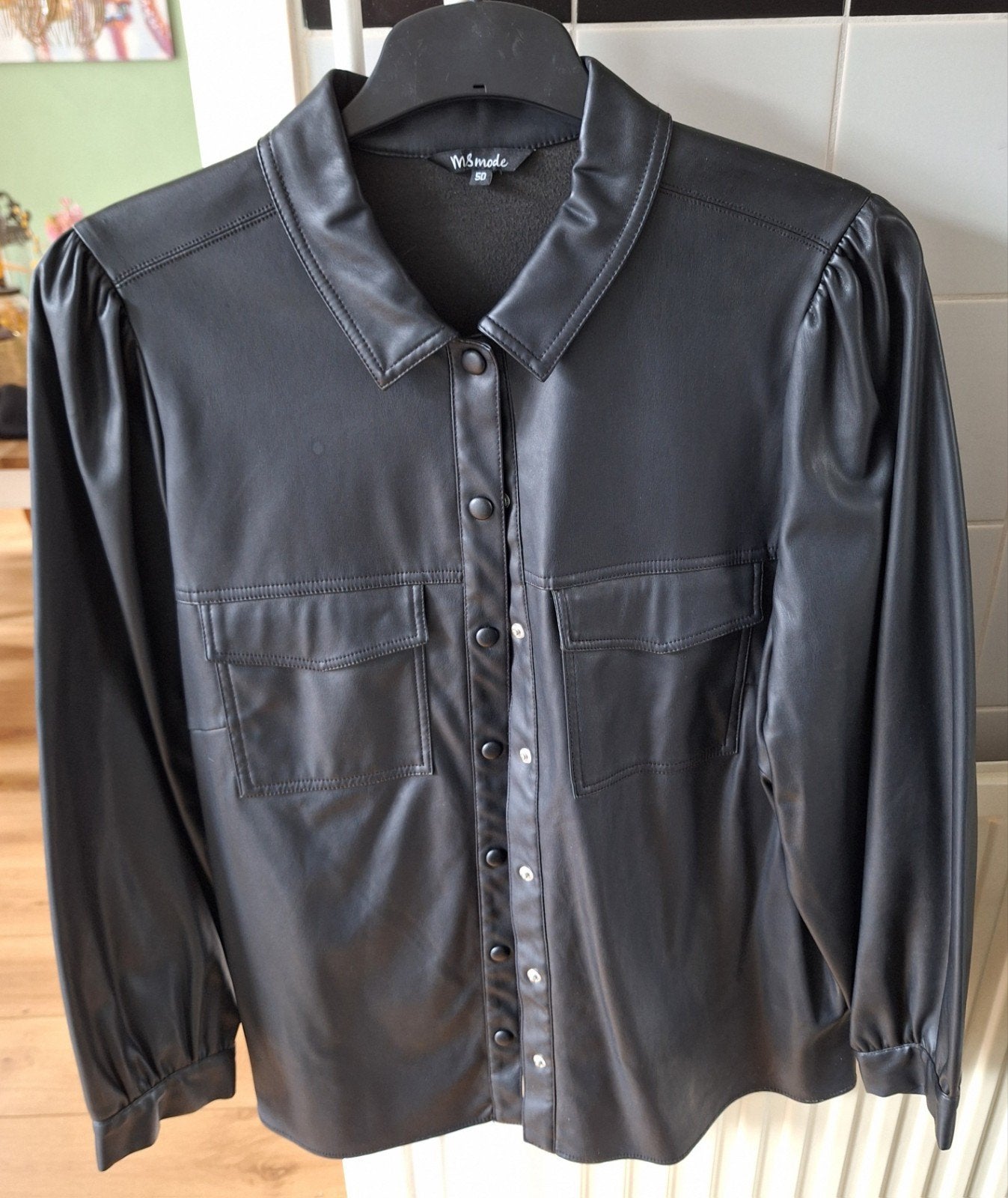 Zwart kunst lederen blouse/ jasje van MS mode maat 50, Zwart, Ophalen of Verzenden, Zo goed als nieuw, Jasje