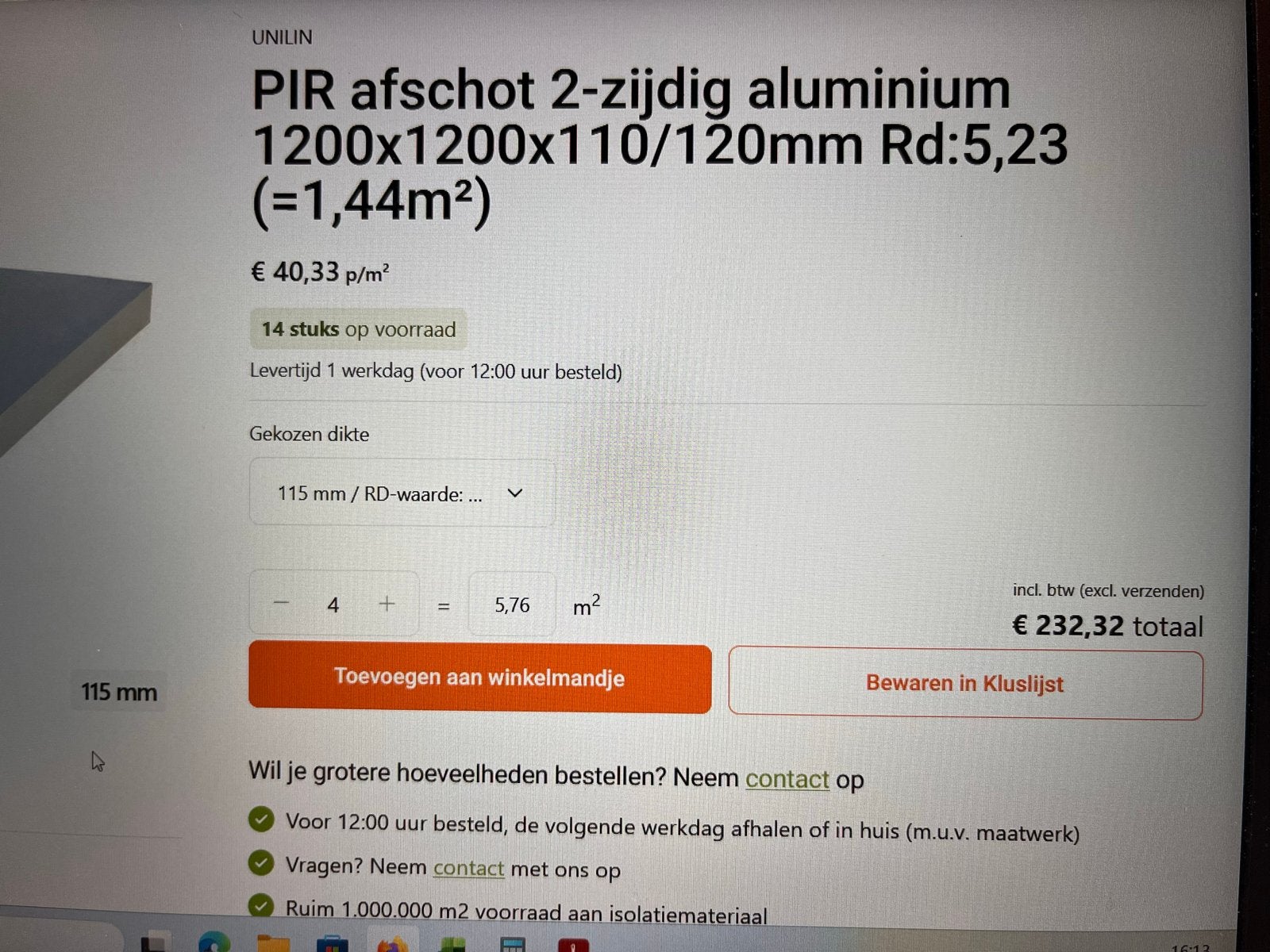 PIR isolatieplaten op afschot 120x120cm (4 stuks), Doe-het-zelf en Verbouw, Isolatie en Afdichting, Nieuw, 5 tot 10 m², Hardschuim (Pir)