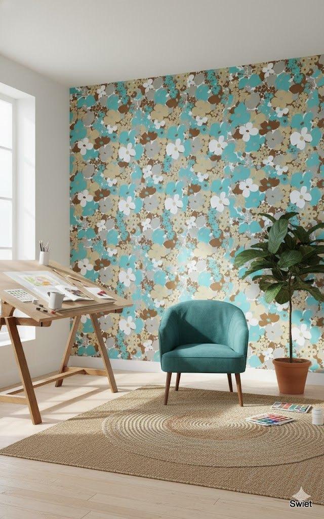 6674 funky vintage bloemenbehang turquoise zand bruin swiet, Verzenden, Minder dan 10 m², Bruin
