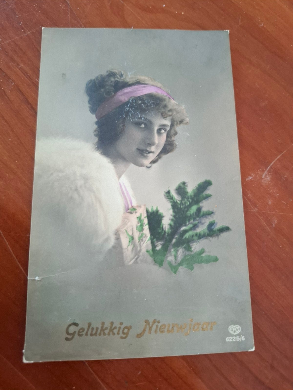 Gelukkig Nieuwjaar portret Vrouw met bontkraag haarband, Ophalen of Verzenden, 1920 tot 1940, Gelopen, Overige thema's