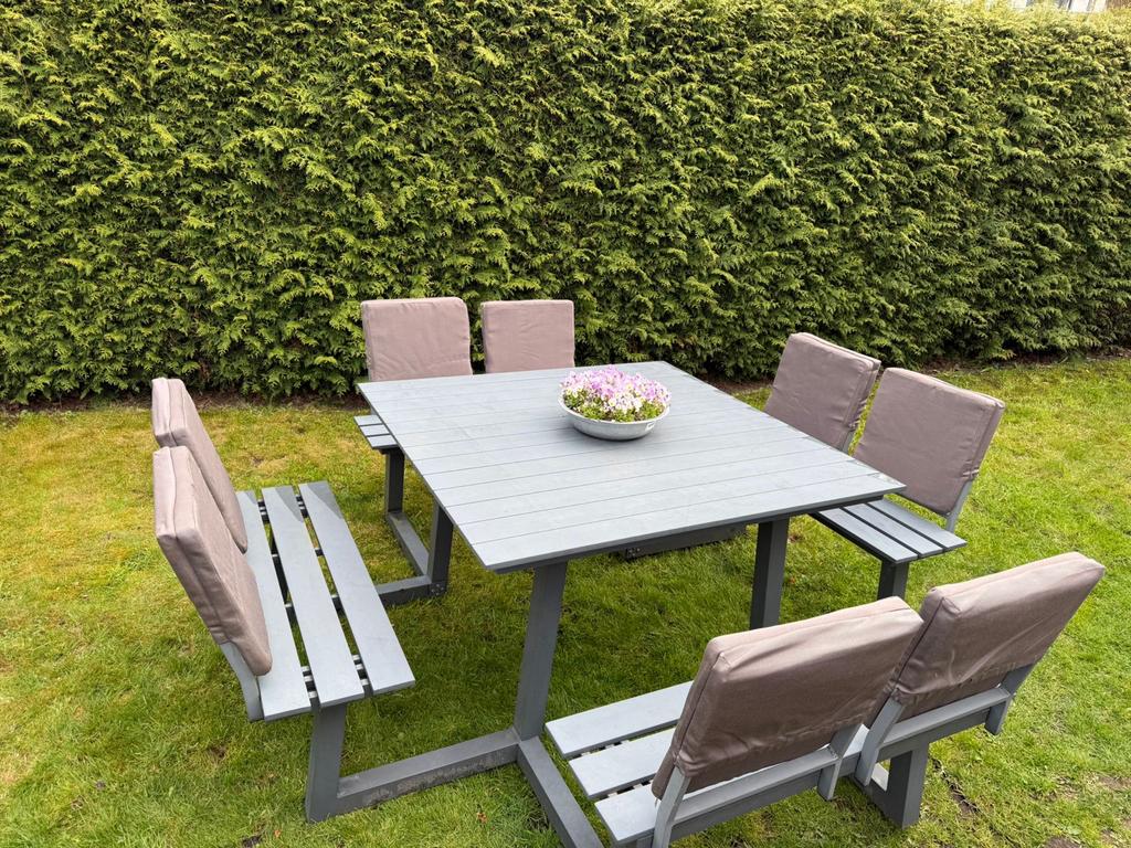 Moderne picknicktafel met rugleuning en kussens, Tuin en Terras, Picknicktafels, Ophalen, Gebruikt, Rechthoekig, Overige materialen