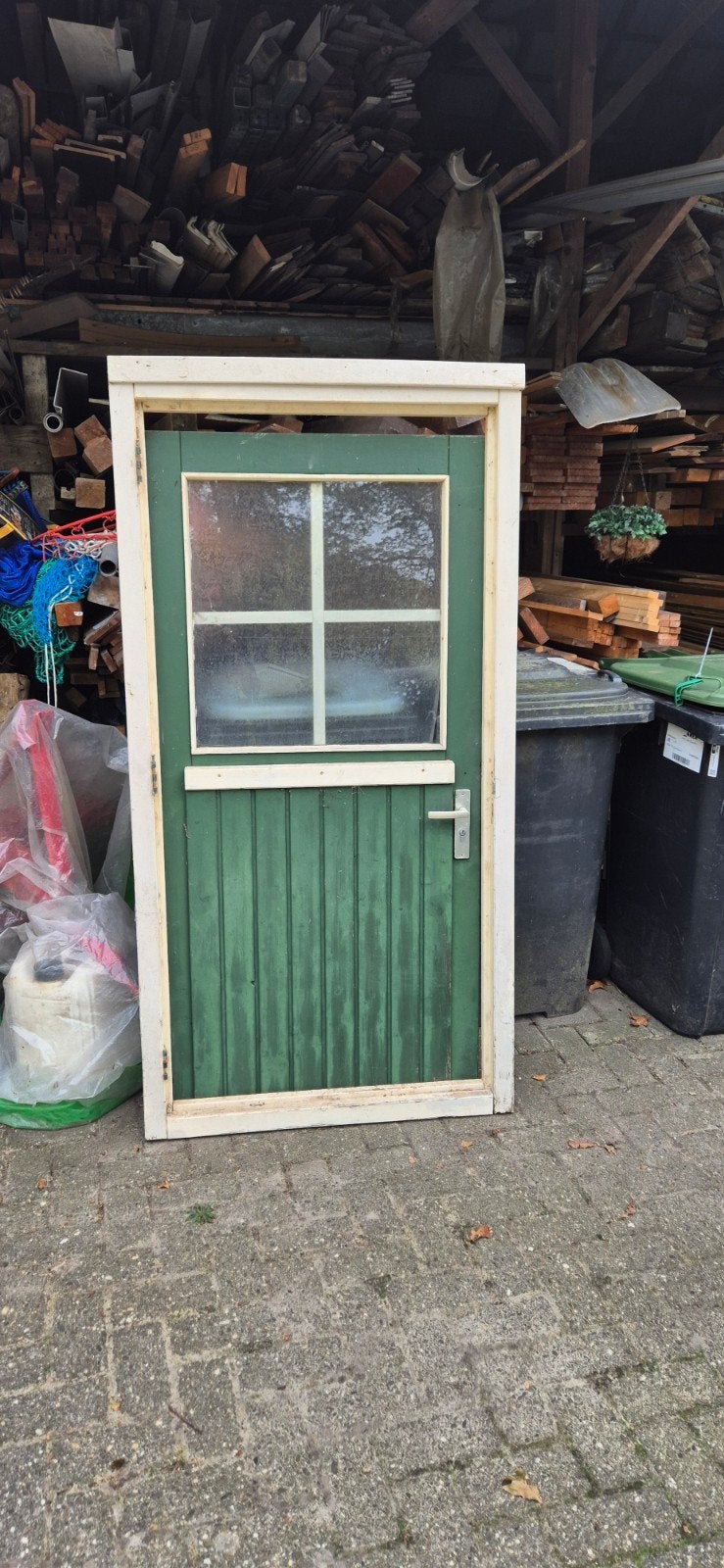 Blokhut kozijn met deur - Groen/Wit, Ophalen, Gebruikt, 80 tot 100 cm, Buitendeur