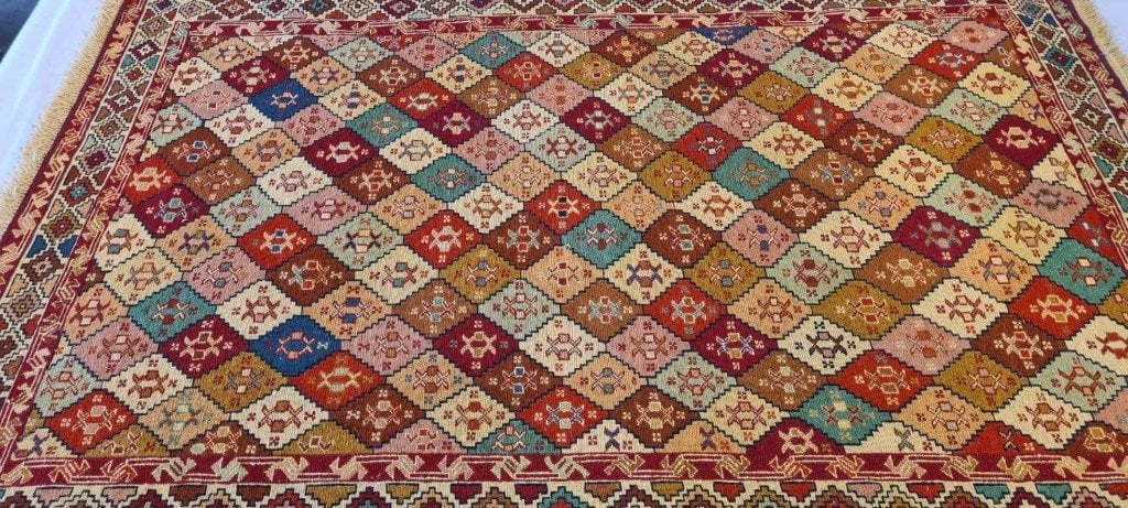 Soumak kelim Perzische tapijten 190x126/wandkleed/tafelkleed, 100 tot 150 cm, Www.simatapijten.nl, Nieuw, Ophalen of Verzenden