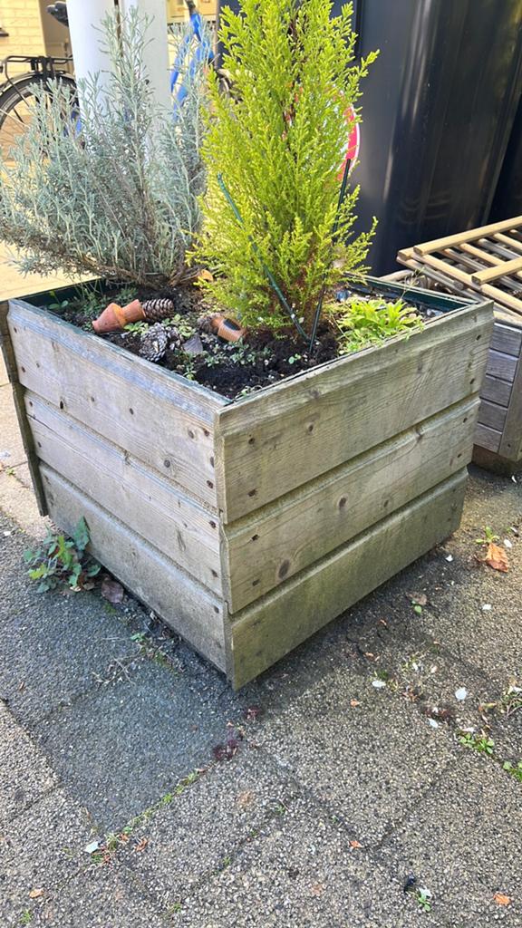 ophalen Houten plantenbak opknapper met 2 boompjes, Tuin en Terras, Bloembakken en Plantenbakken, Ophalen, Zo goed als nieuw, Rechthoekig