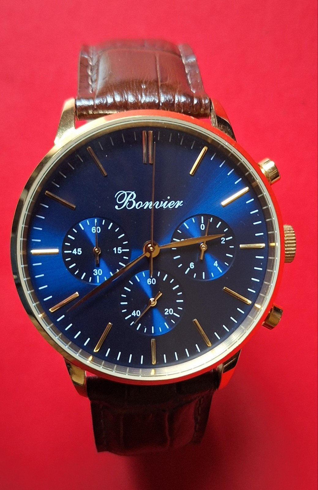 Horloge Heren Bonvier Monza goud/blauw in nieuwstaat., Ophalen of Verzenden, Nieuw, Leer, Overige merken