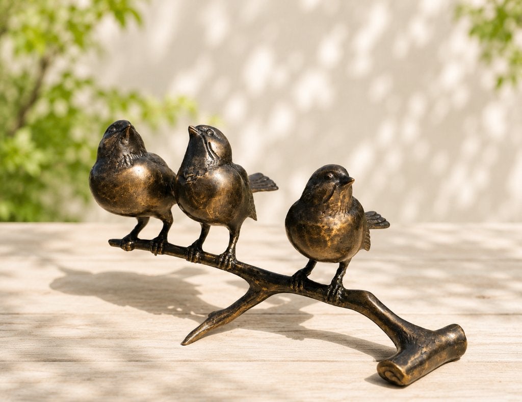 3 VOGELS OP TAK / BRONZEN TUINBEELD / MUSSEN, Dierenbeeld, Nieuw, Info@huisentuindecoratiemarie.nl, Huis en tuin decoratie marie