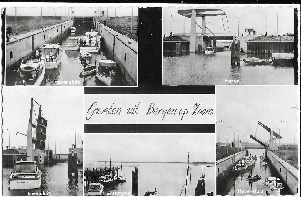 Bergen op Zoom, Haven, Havenmond, Havensluis, boten, schepen, Ophalen of Verzenden, 1940 tot 1960, Gelopen, Noord-Brabant