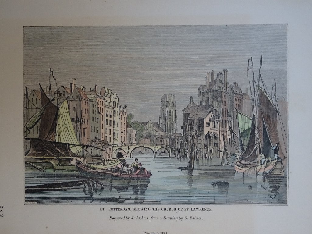 staalgravure Rotterdam haven Laurenskerk J.Jackson 19e eeuw, Antiek en Kunst, 1800 - 1899, Stadsgezicht, Ophalen of Verzenden