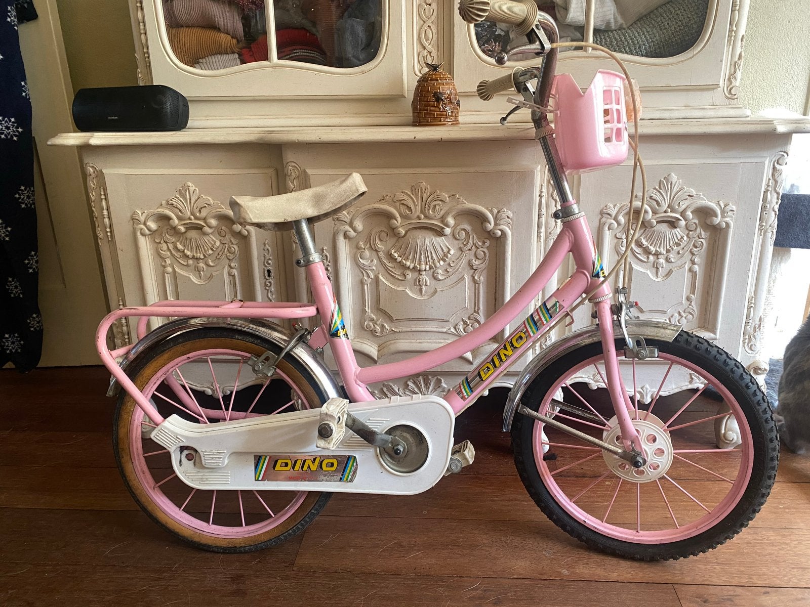 Vintage kinderfiets roze Dino uit Frankrijk, Fietsen en Brommers, Fietsen | Kinderfietsjes, Ophalen of Verzenden, Gebruikt, Velgrem
