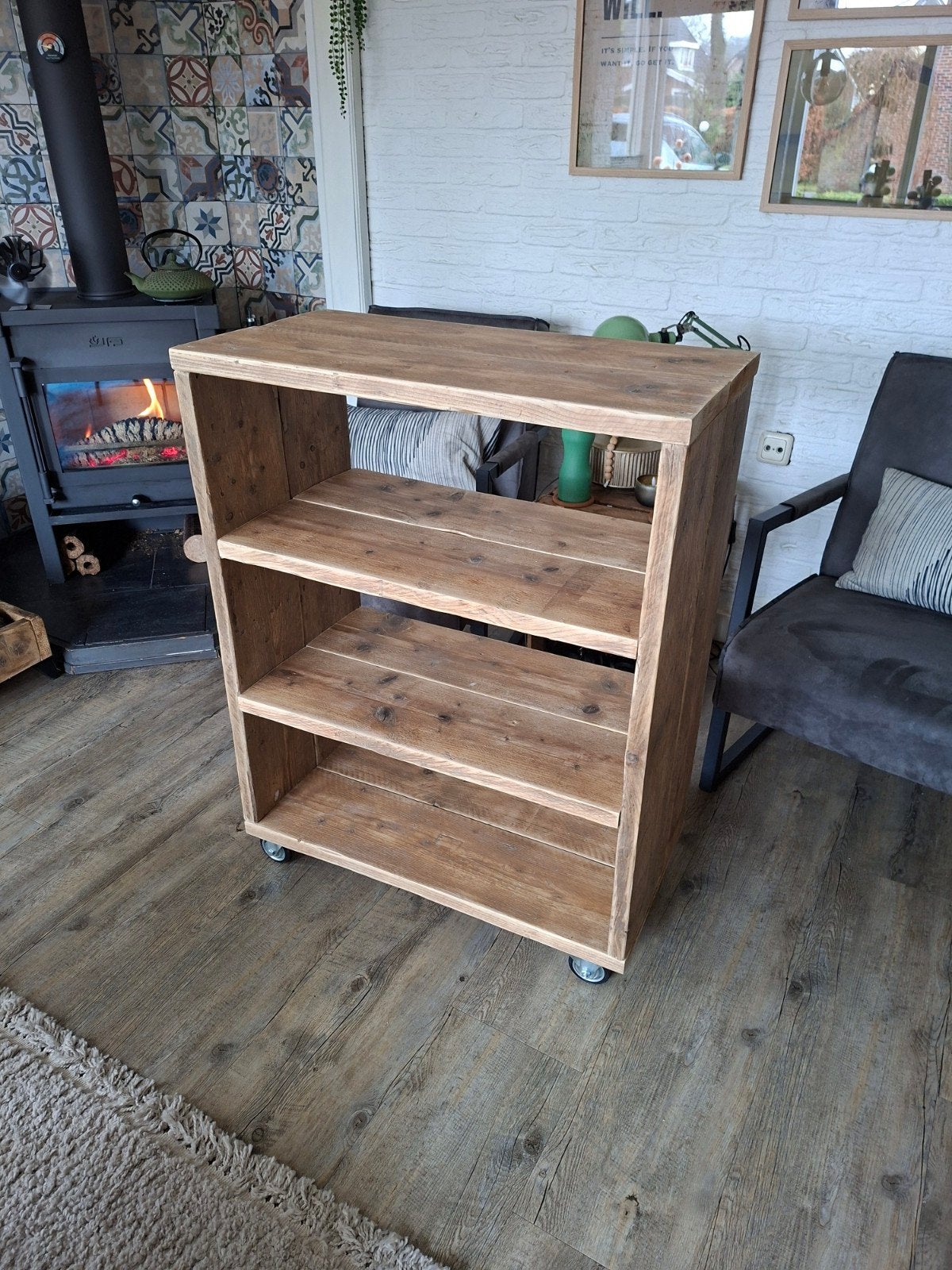 Boekenkast van gebruikt steigerhout, Ophalen, Nieuw, 50 tot 100 cm, Minder dan 100 cm