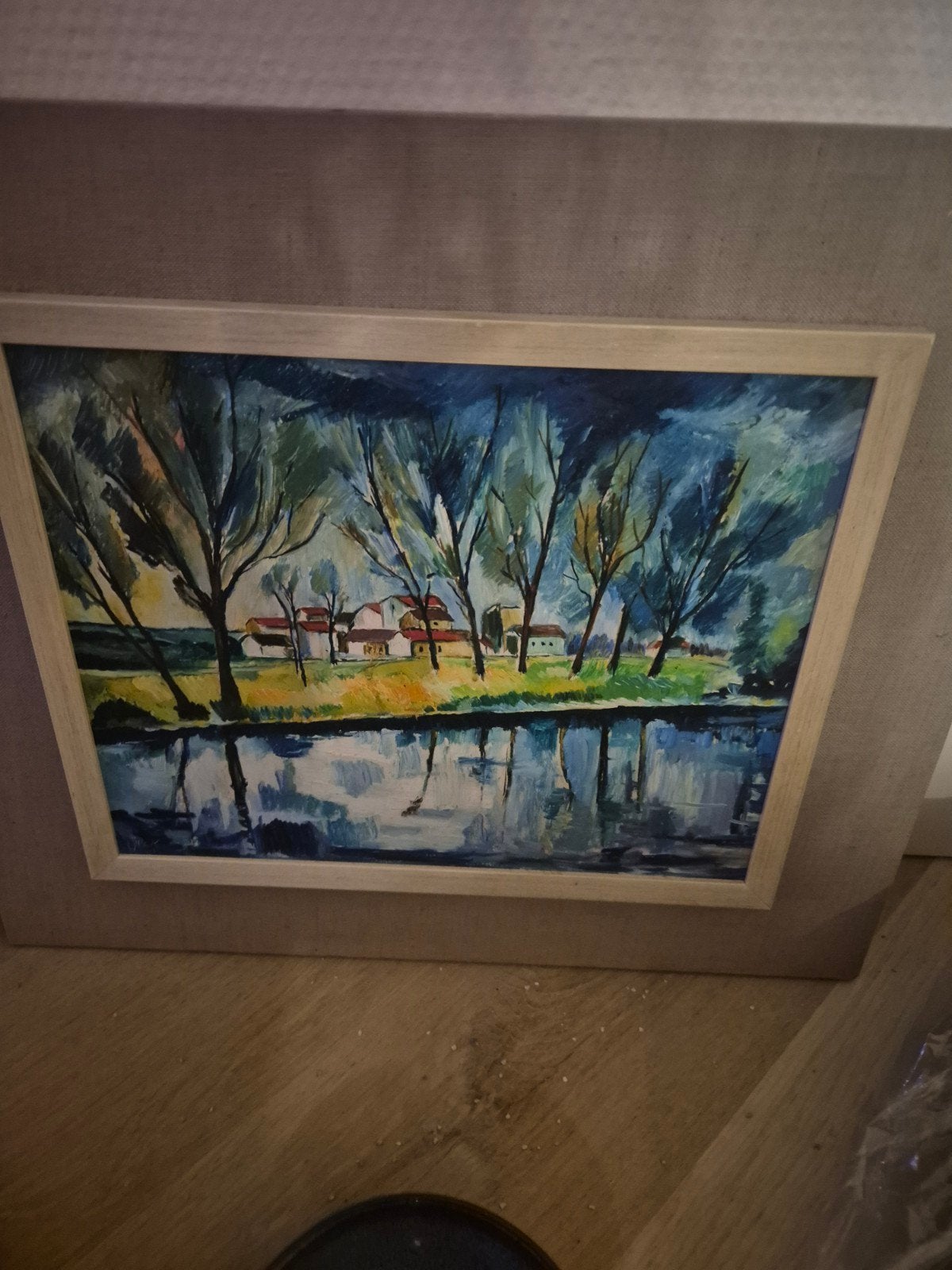 Schilderij Landschap met water en huizen, gesigneerd, Antiek en Kunst, Ophalen of Verzenden