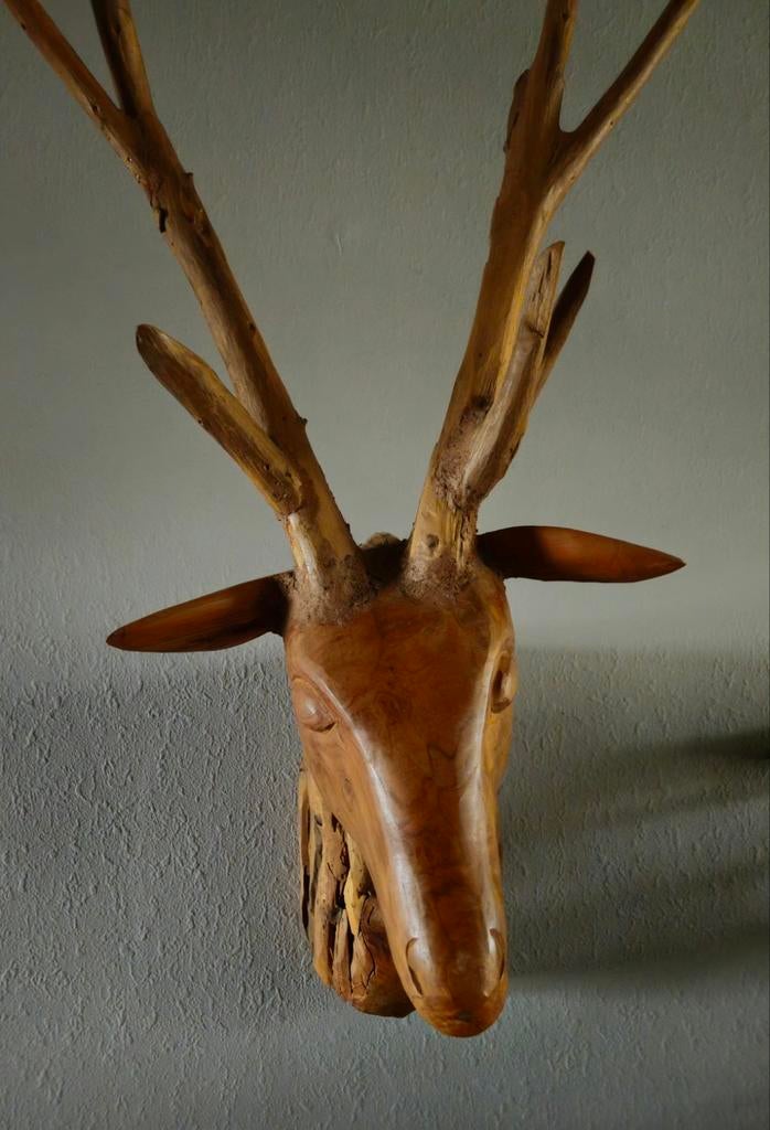 Massief houten hertenkop Nu €50.-, Huis en Inrichting, Woonaccessoires | Wanddecoraties, Ophalen of Verzenden