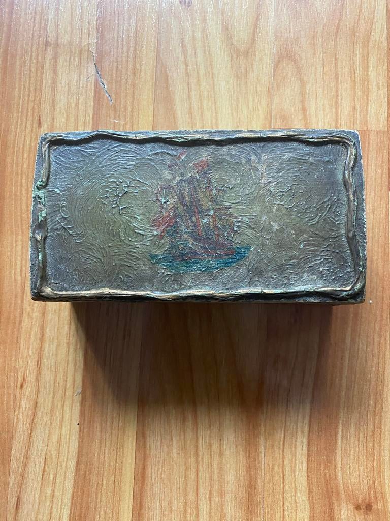Antiek houten doosje met handgeschilderd VOC schip, Ophalen of Verzenden