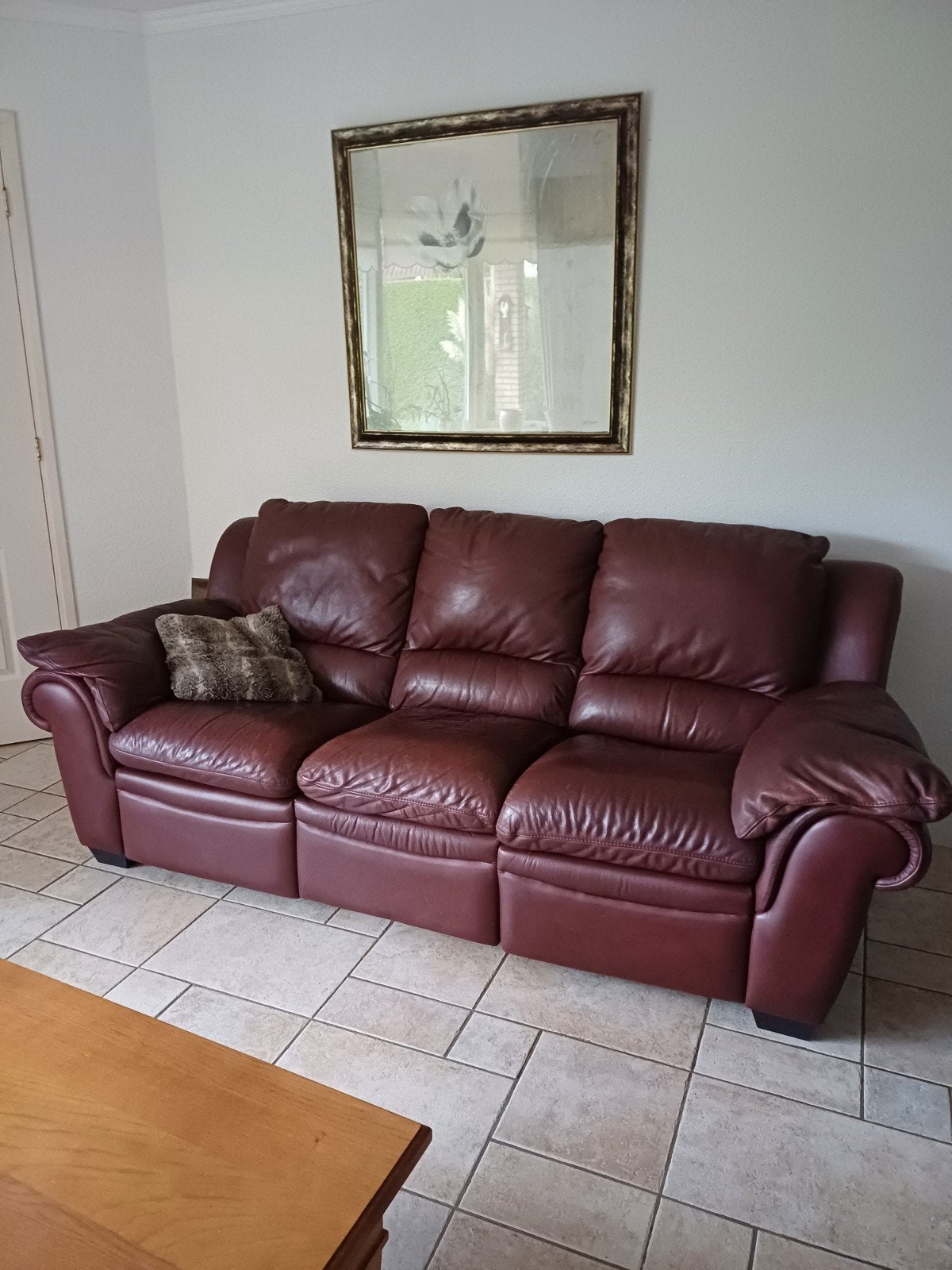 Leren bankstel (3-zits, 2-zits en fauteuil) - Bordeauxrood, Huis en Inrichting, Ophalen, Gebruikt, Leer, Klassiek, Comfortabel