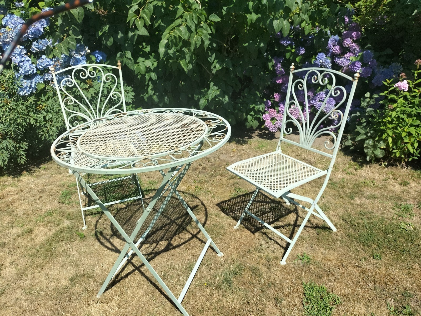 Bistro set mintgroen metaal - 2 stoelen, 1 tafel, Ophalen, Zo goed als nieuw, Overige materialen, 2 zitplaatsen