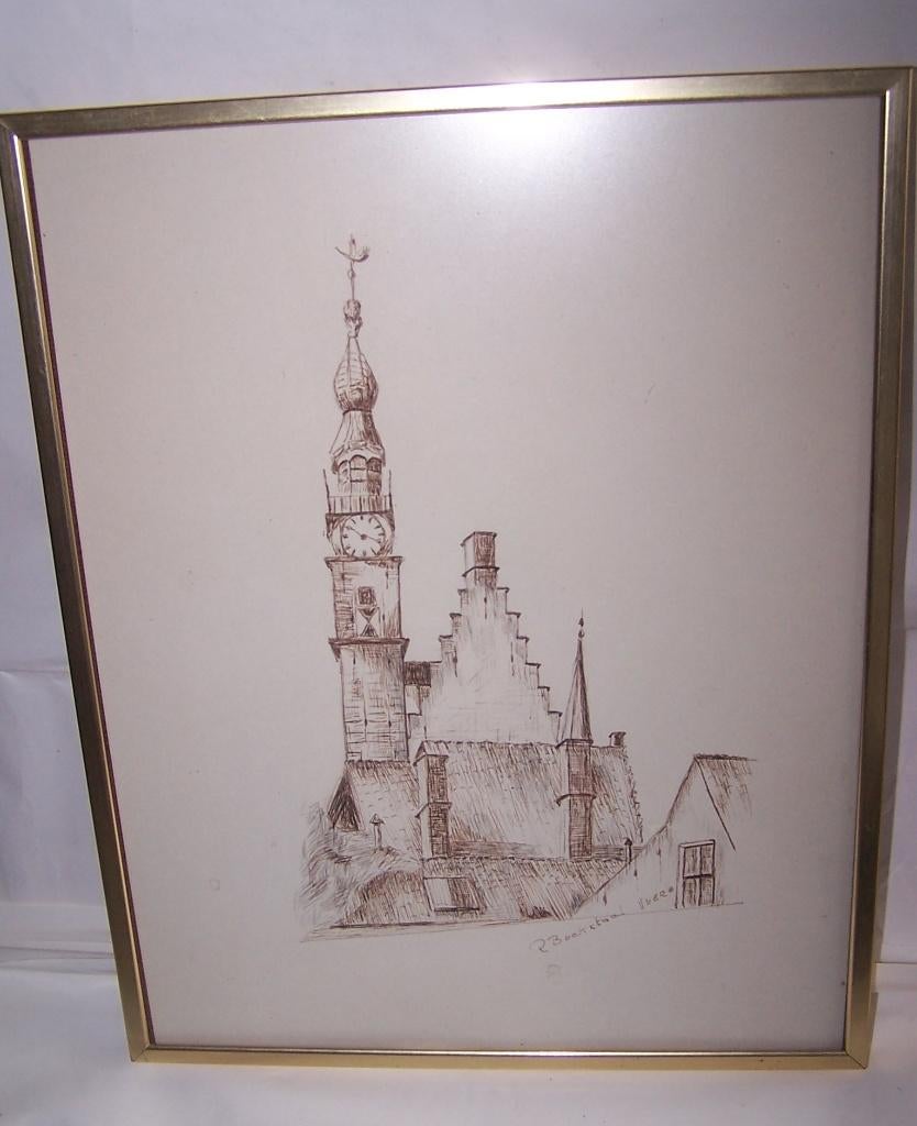 Prachtige pentekening Stadhuis Veere. Gesigneerd. 30x24cm., Antiek en Kunst, Ingelijst, 30 cm, Ophalen of Verzenden, 24 cm