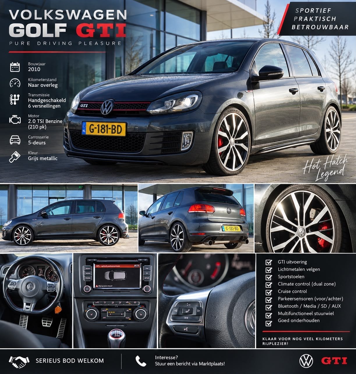 Volkswagen Golf 2.0 GTI 155KW 2010 Zwart, Auto's, Voorwielaandrijving, Stof, Automatische klimaatregeling, 4 cilinders