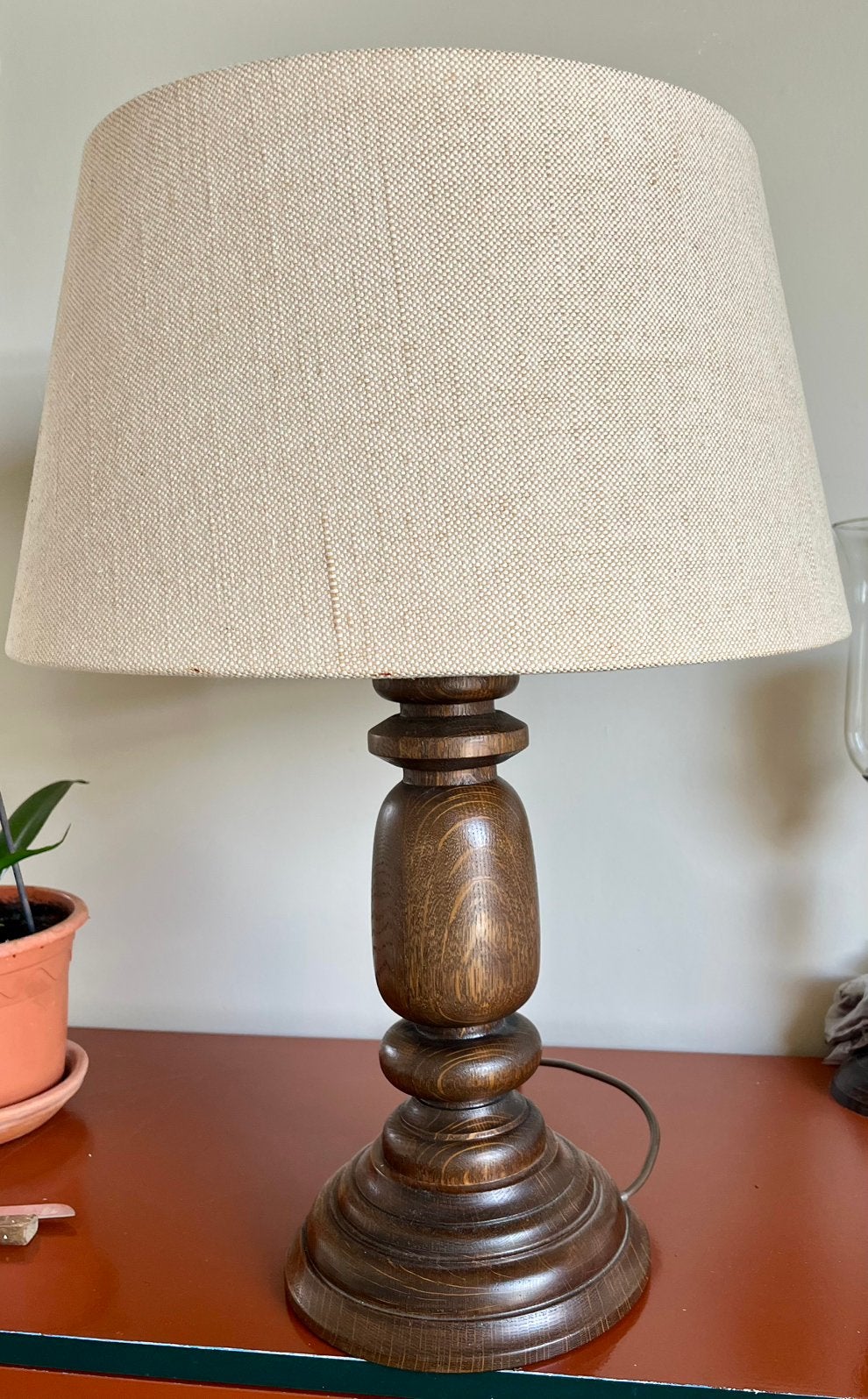 Schemerlamp met eiken voet, Gebruikt, 60 cm, Met schakelaar, Ophalen
