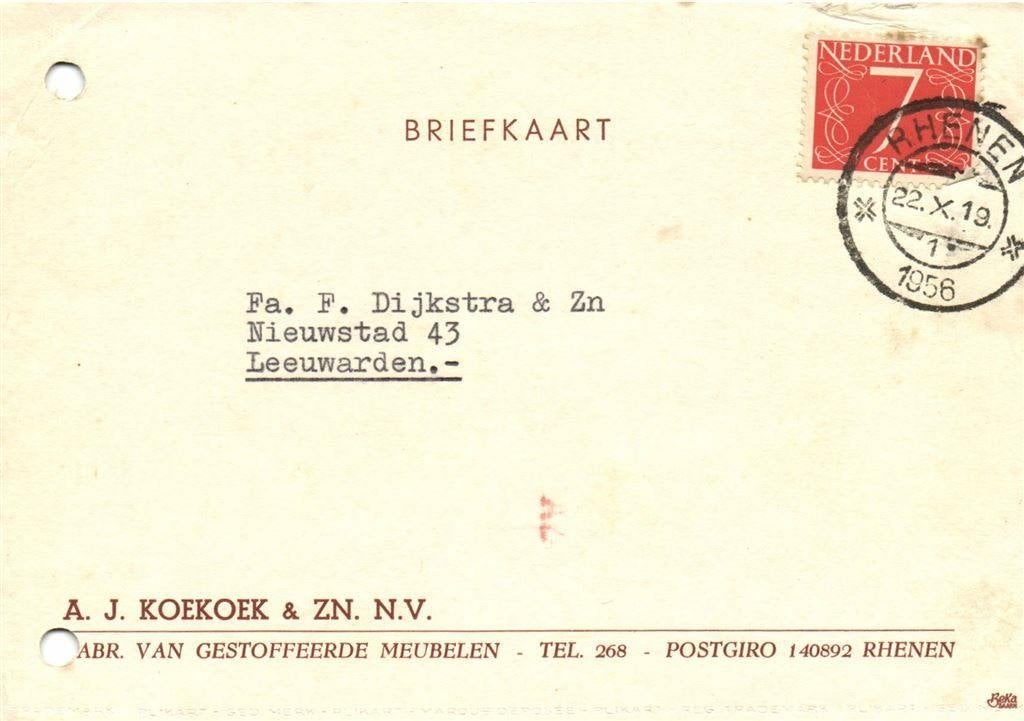 A.J. Koekoek + Zn, Rhenen - 10.1956 - briefkaart, Ophalen of Verzenden, Briefkaart