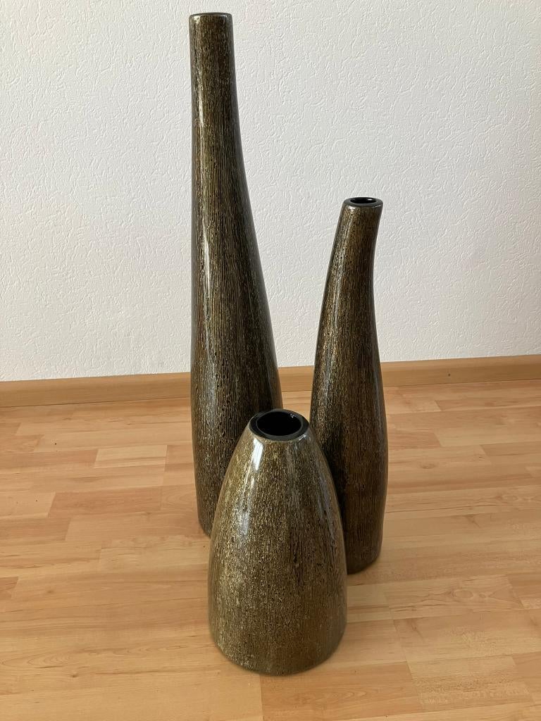 Luxe Set van 3 Design Vazen – Brons/Zwart – Tot 72,5 cm hoog, Ophalen, Zo goed als nieuw, Overige kleuren, Overige materialen