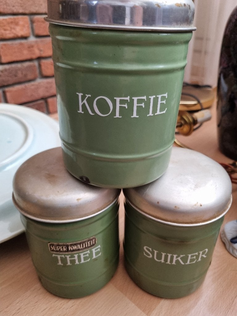 Antieke set emaille voorraadbussen - groen 3x, Ophalen