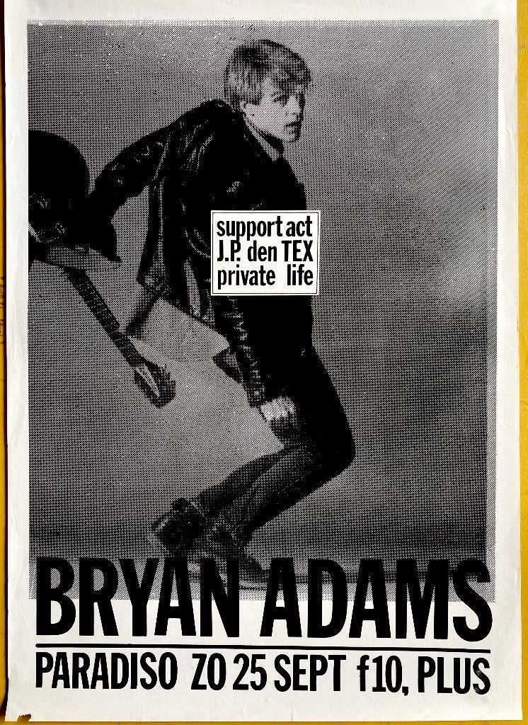 Bryan Adams in Paradiso. 1983 + Promo poster Reckless, Ophalen of Verzenden, Zo goed als nieuw, Poster, Artwork of Schilderij