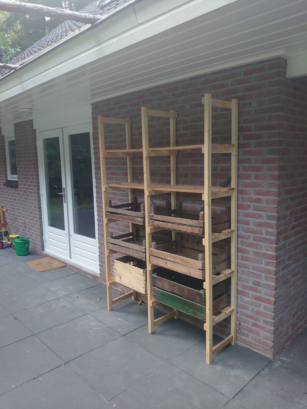 Houten rek met vintage fruitkisten, Ophalen, Gebruikt