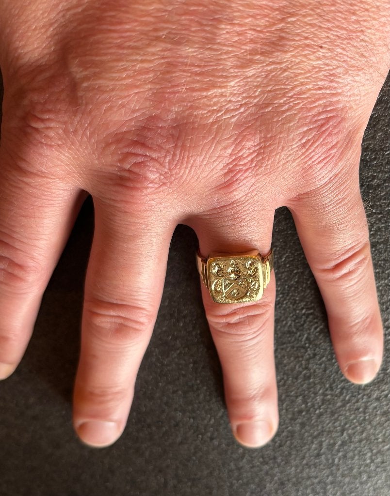 Familiewapen heren 14k gouden zegelring robuust vintage, Verzenden, Goud, Ring, Met edelsteen