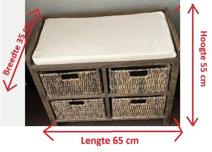Houten kastje met rieten manden en kussen L65 x B35 x H 55, Ophalen, Zo goed als nieuw