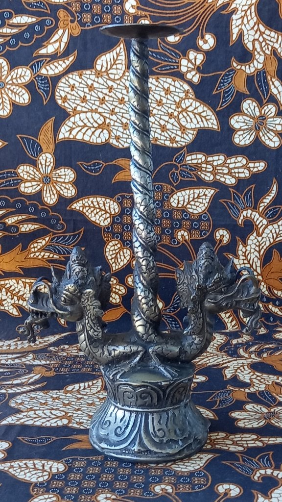 Mooie grote oude Chinese draken kandelaar van brons 35 cm., Antiek en Kunst, Zilver, Handgemaakt, Overige typen, Ophalen of Verzenden
