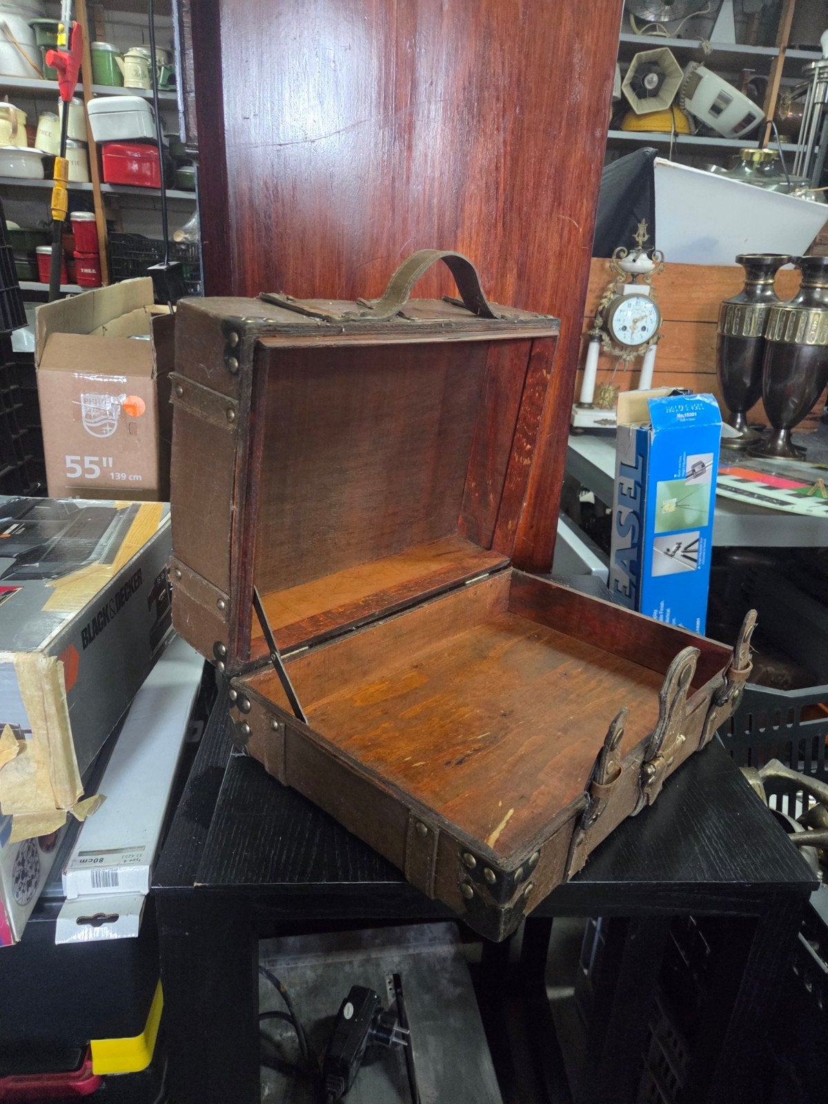 Vintage houten koffer met leren details, Ophalen of Verzenden