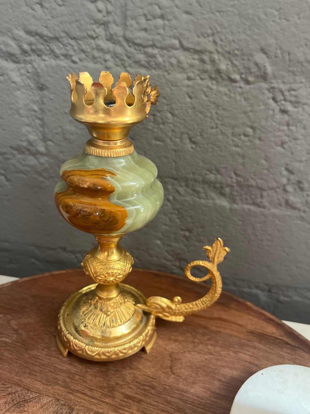 Antieke olielamp van onyx en messing, Ophalen of Verzenden