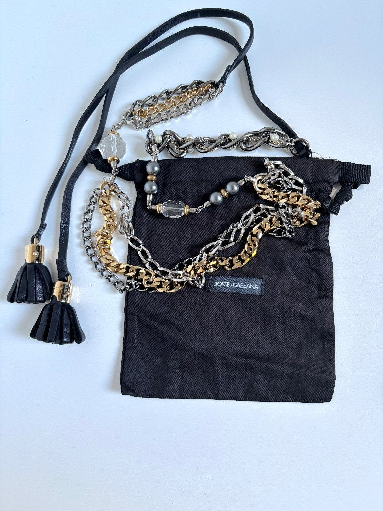 DOLCE & GABBANA Zwart goud ketting parels knoop riem, Kleding | Dames, Dolce & Gabbana, 100 cm of meer, Tailleriem, Ophalen of Verzenden