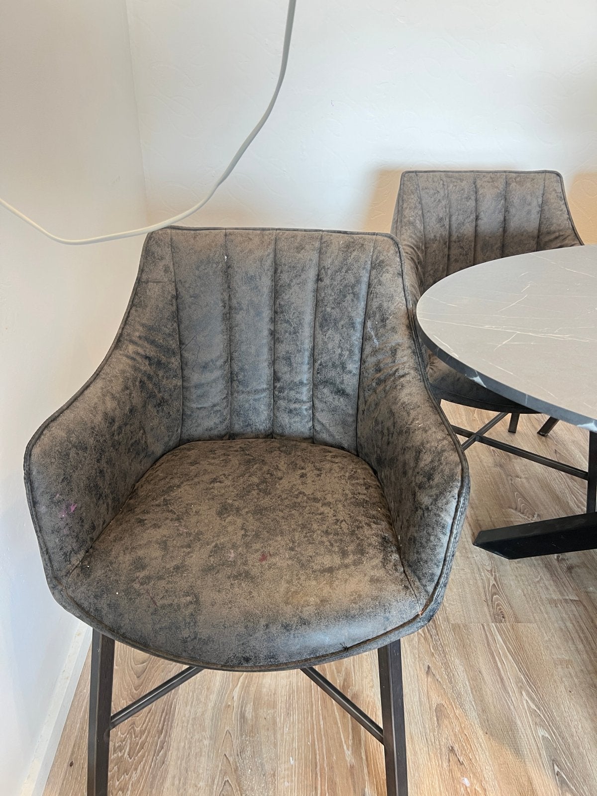 6 donkergrijze,verweerde look eetkamerstoelen, Huis en Inrichting, Stoelen, Ophalen, Gebruikt, Metaal, Grijs