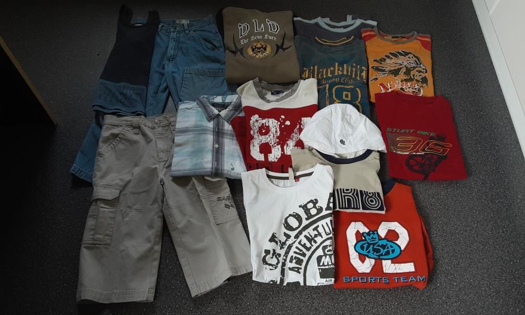 13 x pakket, broeken t-shirts, longsleeves, hoodie 152- 158, Gebruikt, Shirt of Longsleeve, Jongen, Diverse merken