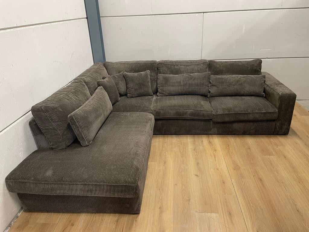 Mooie luxe bruine taupe ribstof hoekbank - GEREINIGD!!!, Ophalen, 250 tot 300 cm, Luxe, Hoekbank
